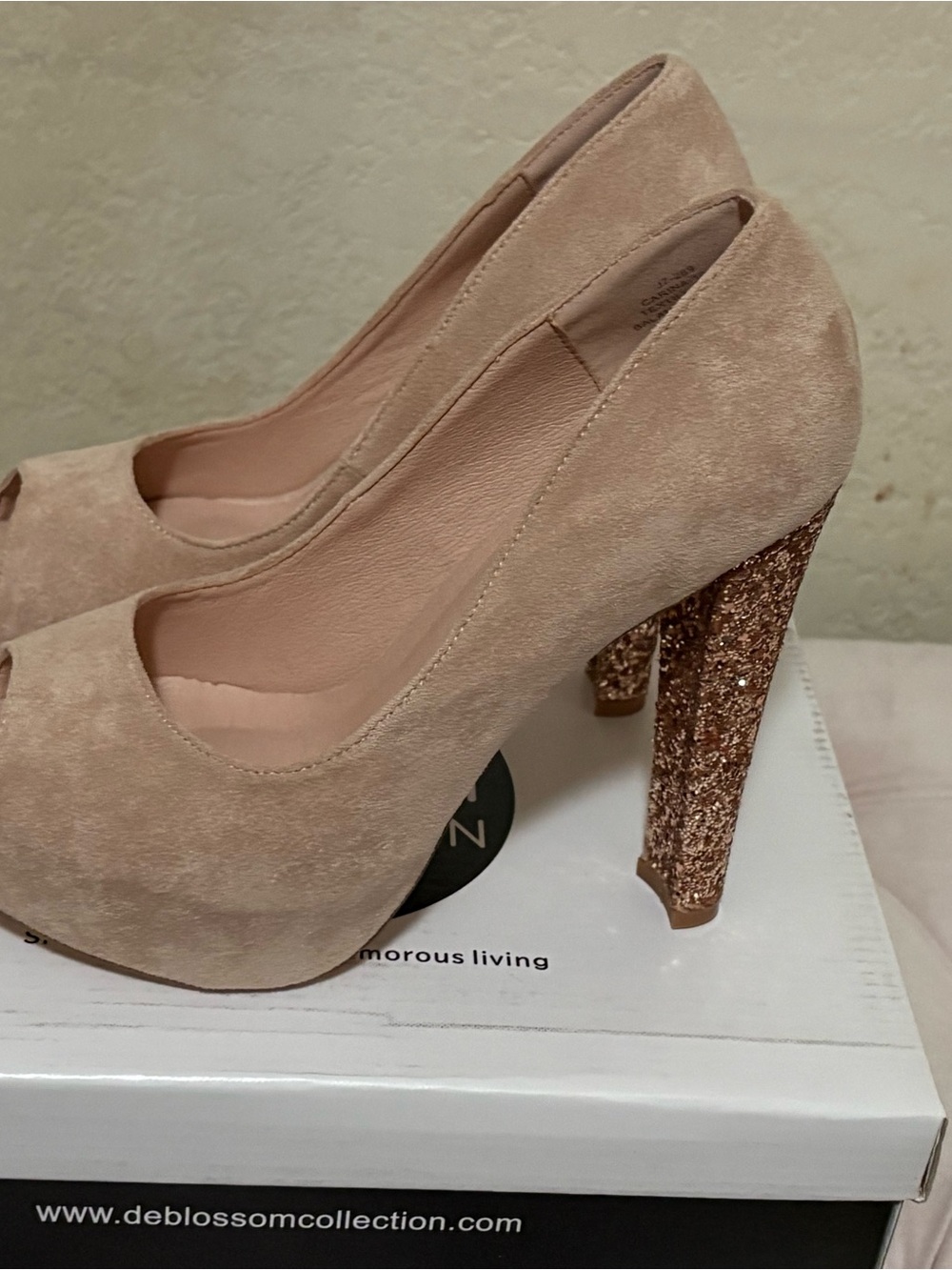 Deblossom Blush Suede Peep-Toe Pumps with Glitter Block Heel